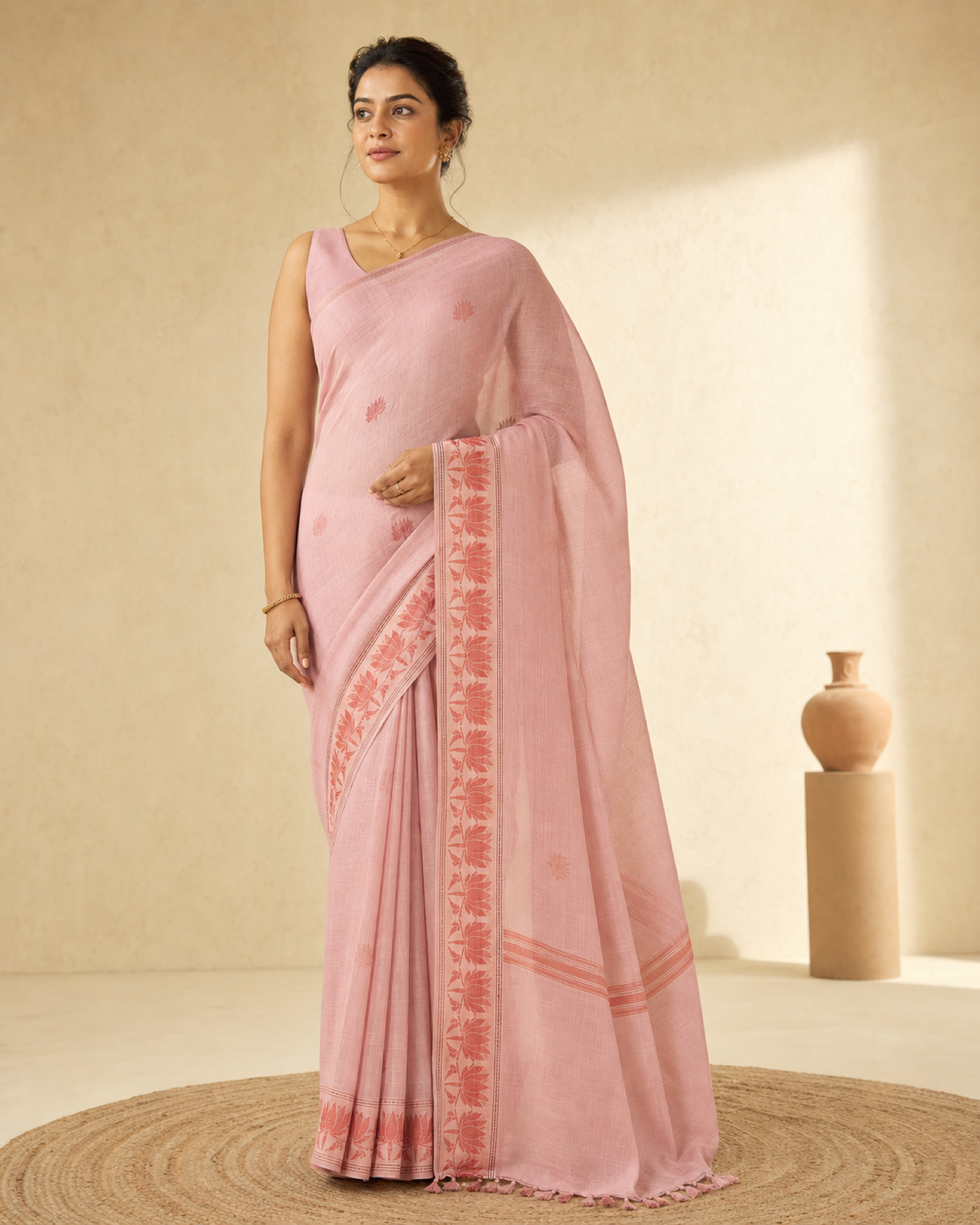 Blush Lotus-Border Cotton Saree