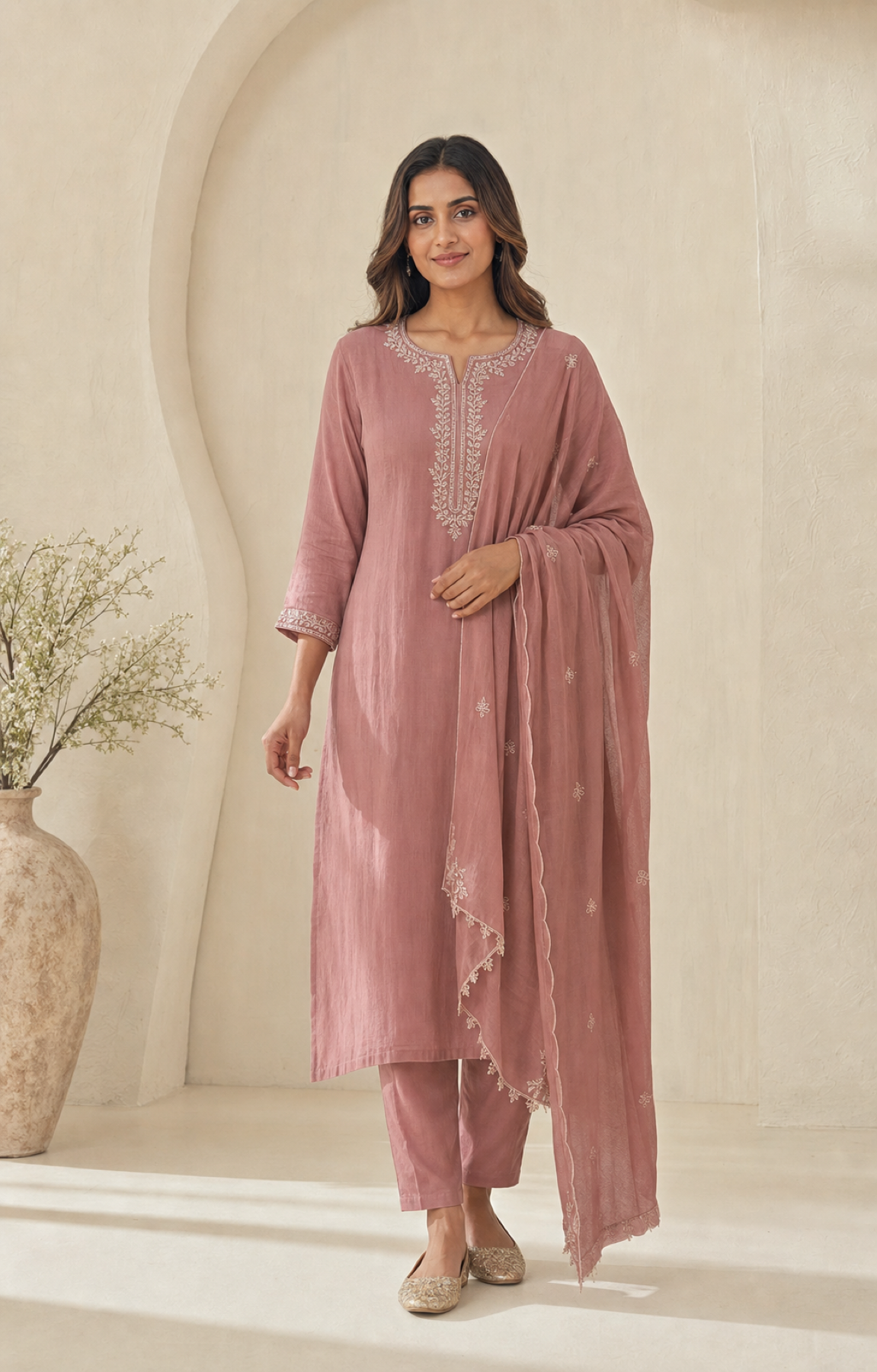Dusty Rose Threadwork Suit Set