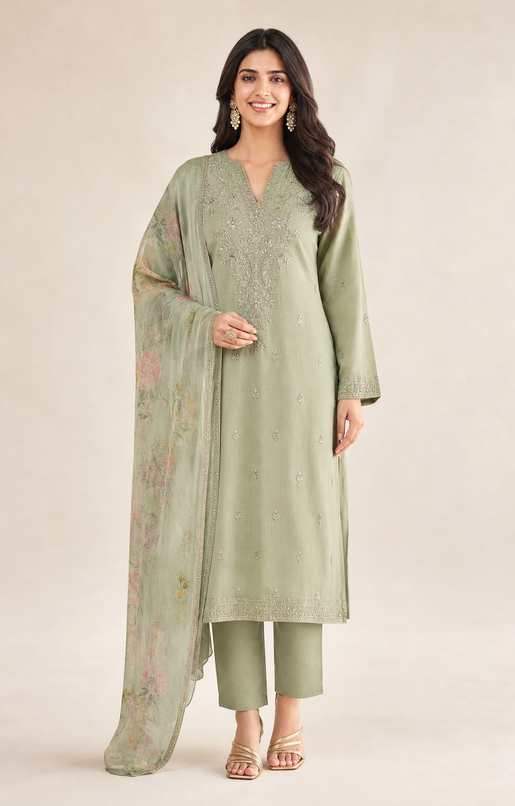 Jade Botanical Embroidered Suit Set